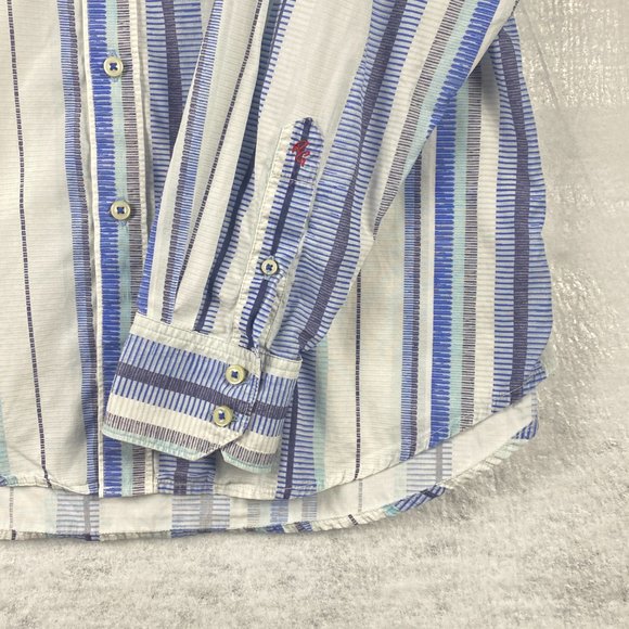 Robert Graham Shirt Mens L Blue White Stripe Contrast Trim Flip Cuff Button Up - Picture 5 of 14
